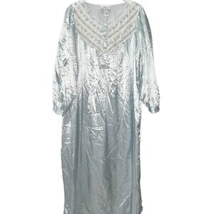 Vintage Nicole Nightgown Long Sleeve Satin Shiny Blue Size L Floral Lace Union